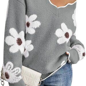 Women's Oversized V Neck Fuzzy Sweaters 2025 Casual Loose Long Sleeve Chunky Kni